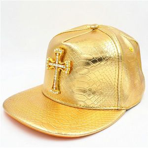 Bling Kristal Gouden Kruis Hanger Mode Cap Caps Hip Hop Dance Hoeden PU Lederen Hoed Verstelbare Mannen Vrouwen