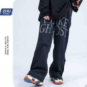 Brief Boor Effen Kleur Jeans Straat Side Knop Rechte Broek Losse Wijde Pijpen Broek Vrouwen/Mannen Kleding streetwear Zhuchao