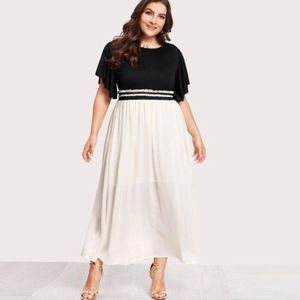 Lange Zomer Jurken Plus Size Vrouwen Korte Mouwen Wit Zwart Chiffon Casual Jurk Elegante Ruches Hoge Taille Tuniek Strand Jurk