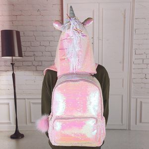 Kinderen Rugzakken Animal Cartoon Eenhoorn Outdoor Rugzak Hooded Tassen Glitter Tiener Hoge Capaciteit Schooltas