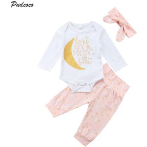 3 stks Set Pasgeboren Baby Jongen Meisje Lange Mouw Moon Katoen Romper Tops + Star Print Lange Broek Broek Hoofdband outfits Babykleertjes