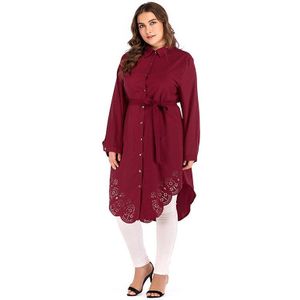 Lange Mouwen Moslim Kleding Zachte Polyester Stof Plus Size 6xl Met Riem Voor Vrouwen Blouse Top