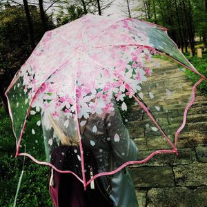 Verdikking Transparante Drievoudige Regen Paraplu Japanse Kersenbloesem Plastic Pvc Clear Falbala Paraplu Vrouwen Parapluie