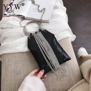 Armband Ring Handvat Cocktail Party Wedding Clutch Crystal Rhinestone Tassel Tote Handtas Metalen Mesh Avondtasje Bruiloft Handtas