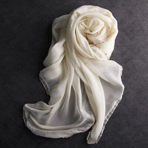 Koreaanse Pure Zijden Sjaals Vrouwen Luxe Beige Zijde Lange Sjaal Voor Dames Effen Kleur Sjaals Wrap Foulard Echarpe Femme