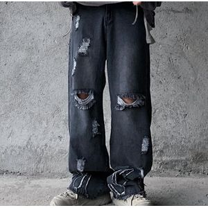 Streetwear Losse Rechte Plus Size Vernietigd Gescheurde Gat Effen Gewassen Denim Broek Punk Jeans Hip Hop Mode Trainingspak Vintage