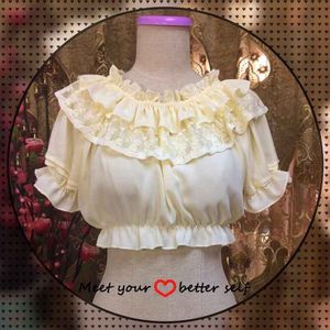 Gothic Victoriaanse Jsk Vrouwen Chiffon Top Sheer Double Ruffle Hals Flare Korte Mouwen Beige/Zwart/Wit Lolita blouse Crop Tops