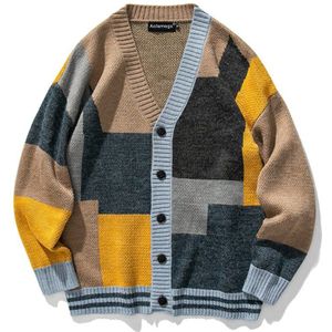 Aolamegs Mannen Vest Trui Herfst Japanse Retro Gebreide Trui Patchwork Knittedwear V-hals Winter Sweatercoat