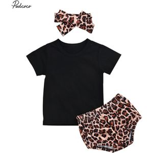 Baby Zomer Kleding 3Pcs Baby Meisjes Pak Set Effen Kleur Ronde Hals Korte Mouw T-shirt + Luipaard Print broek + Hoofdband