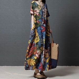 Zomer Jurken Bloemenprint Etnische Jurk Losse Maxi Gewaad Vrouwen Elegante Chinese Jurken Vrouwelijke Toevallige Vintage Jurk TA1381