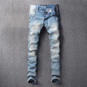 Mode Basic Mannen Jeans Blauw Kleur Slim Fit Vintage Knoppen Broek Little Elastische Ripped Jeans Mannen Klassieke Jeans homme