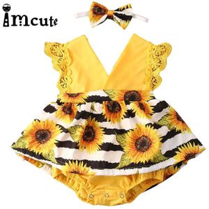 Imcute Schattige Baby Meisje Kleding Daisy Print Kant Mouw Bodysuits Jurk Backless Jumpsuit Outfit Playsuit Sunsuit Kleding 2Pcs