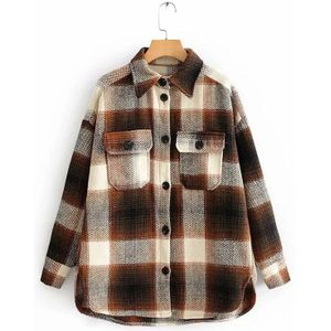 Vangull Vrouwen Plaid Wol Blouse Lange Mouwen Gecontroleerd Oversized Wollen Shirt Turn Down Kraag Dikke Dames Vintage Chic Top Blusa