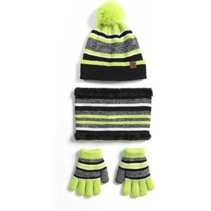 Kinderen Winter Gebreide 3Pcs Pompom Gestreepte Beanie Hat Pluche Gevoerd Sjaal Handschoenen Set N58F