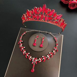 Barokke Vintage Bruiloft Kroon Tiara Goud Rode Kristal Bloem Bruids Sieraden Sets Afrikaanse Kralen Sieraden Set Oorbellen Ketting Set