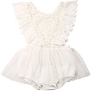 Zomer Pasgeboren Baby Meisjes Kleding Prinses Kant Wit Solid Flower Hollow Tulle Bodysuit Tutu Dress Outfit Verjaardagsfeestje