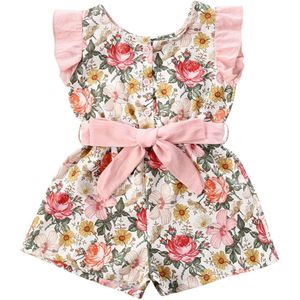 2-6Years Kids Jumpsuit Bloemenprint Ronde Hals Korte Mouw Jumpsuit Met Riem Bodysuit Voor Peuter Meisjes