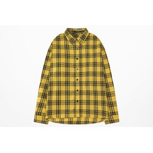 Ins Stijl Hip Hop Retro Plaid Print Lange Mouwen Shirts Mannen Streetwear Shirt Mannen Oversize Tij Geel Shirt Mannen en Vrouwen