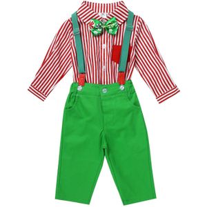 2 Stuks Baby Boy Gentleman Outfit Bowtie Lange Mouw Strepen Shirt + Bretels Broek Kinderen Kerst Kostuum Partij Kleding Set