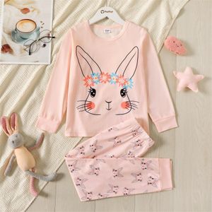 Patpat 2 Stuk Kid Meisje Leuk Konijn Bloemenprint Lange Mouwen Roze Top En Elastische Broek Pyjama Lounge set