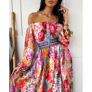 Herfst Floor Lengte Jurk Dij Slit Streetwear Sexy Elegante Printing Vrouw Jurk Off Shoulder Woord Kraag Feestdagen Maxi Jurken