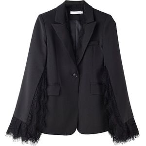 [Eam] Vrouwen Zwart Kant Vent Split Joint Blazer Revers Lange Mouwen Losse Fit Jas Mode Tij Voorjaar herfst 1W51701