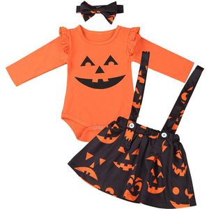 3 Stuks Baby Baby Meisjes Halloween Outfit Lange Mouwen Cartoon Pompoen Patroon Gedrukt Romper Met Hoofdband Jarretel Rok Set