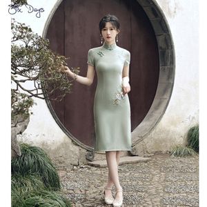 Zomer Kleding Voor Vrouwen Cheongsam Chinese Stijl Katoenen Jurk Korte Mouwen Meisjes Jong Qipao Casual Party Mujer Vestidos Groen