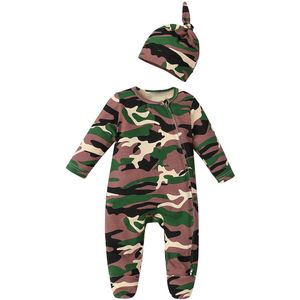 Baby Kleding Set, camouflage Zip Up Lange Mouwen Wrap Voeten Jumpsuit En Hoed Twee Stuk Pak Voor Jongens Meisjes