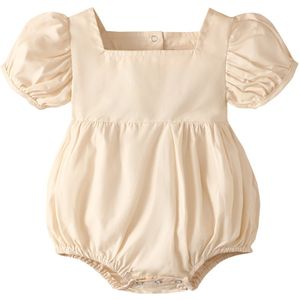 Zomer Baby Meisjes Casual Romper, Effen Kleur Vierkante Kraag Korte Puff Mouwen Jumpsuit, roze/Donker Rood/Beige