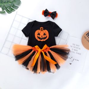 Halloween Pasgeboren Baby Baby Meisjes Kleding Sets Pompoen Print Romper Tops + Kant Tutu Rokken + Hoofdband 3pcs