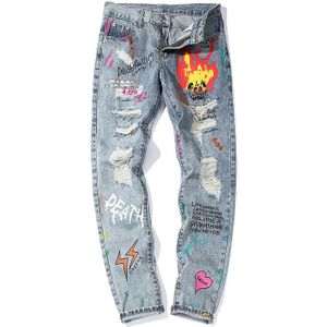 Bebovizi Hip Hop Streetwear Ripped Slim Fit Jeans Skinny Jeans Japan Graffiti Vlam Skelet Print Mannen Jogger Denim Broek
