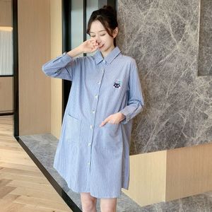 6026 Lente Chin Ins Gestreepte Blauw Moederschap Blouses Lange Mouwen Losse Shirt Kleding Voor Zwangere Vrouwen Kat Zwangerschap tops