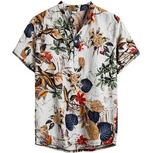 Mens Etnische Korte Mouwen Casual Katoen Linnen Afdrukken Hawaiian Shirt Streetwear Zomer Mannelijke Tops Blusa Masculina