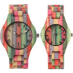 Kleurrijke Bamboe Hout Lover Horloges Quartz Mode Volledige Houten Uurwerk Chic Natuurlijke Hout Paar Bangle Horloge