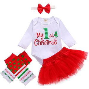 4 Stuks Baby Meisje Pasgeboren Kerst Outfits Baby Lange Mouw Ronde Hals Brief Romper + Mesh Rok + Bow Hoofdband + Gestreepte Sokken