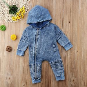 Pasgeboren Kids Baby Jongen Meisje Kleding Denim Hooded Romper Lange Mouw Rits Outfits Kleding Baby Meisjes 0-3T