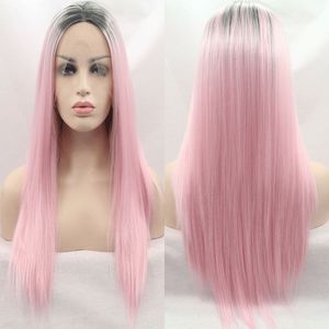 Bombshell Synthetische 13*3 Lace Front Pruik Lijmloze Platina Grijs Rechte Hittebestendige Vezel Haar Middenscheiding Voor Vrouwen pruiken