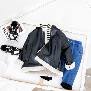 Jongens Faux Leather Jacket Herfst Winter Lamswol Turn-Down Kraag Jas Kinderen Dikker Warm Winddicht Kinderen Bovenkleding 2-6Y