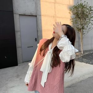 Trui Vest Roze Geplooide Zweet Kawaii Studenten Herfst Koreaanse Leisure Losse Vrouwelijke Truien Uitloper Preppy Mode Ins Dagelijks