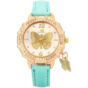 Vrouwen Quartz Horloges Vlinder Strass Hanger Lederen Polshorloge Casual Golden Dial Dames Horloge Montre Femme Klok * 533