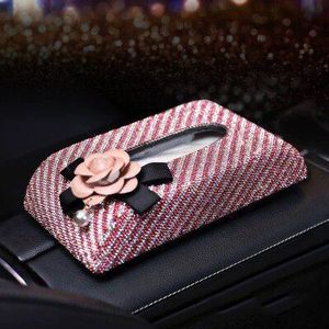 Streep Kristal Strass Auto Tissue Doos Houder Camellia Blok Papier Servet Storage Case Interieur Accessoires Voor Vrouwen Meisjes