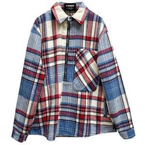 Originele Streetwear Sky Blue Plaid Wollen Shirts Harajuku Half Rits Shirt Big Pocket Hedging Contrast Shirt Top Trend