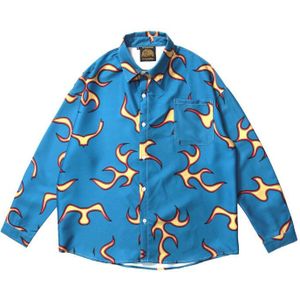 Lindsey Seader Fire Flower Gedrukt Lange Mouwen Mannelijke Vintage Casual Tie Dye Hawaiian Shirt Blauw Blouse Pocket