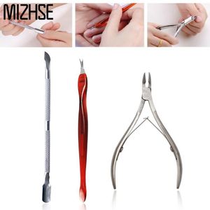 Mizhse 3Pcs Cuticle Nagelknipper + Nipper Set Nail Schaar Rvs Cuticle Pusher Dode Huid Vork Trimmer Nail polish Gereedschappen