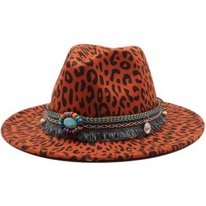 Winter Wol Leopard Printing Jazz Fedora Mannen Vrouwen Vintage Trilby Cap Leisure Grote Rand Voelde Panama Hoed