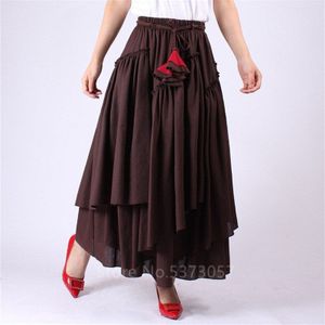 Zomer Onregelmatige Spaanse Flamenco Grote Wing Rok Vrouwen Retro Middeleeuwse Linnen Ruche Maxi Zwarte Jurk Stage Bangdage Zigeuner Kostuum