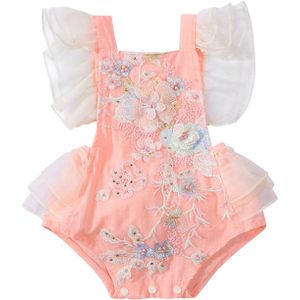 Prinses Baby Baby Meisjes Kant Geborduurde Romper Zoete Baby Ruffle Fly Mouwen Backless Jumpsuit Zomer Romper 0-24M