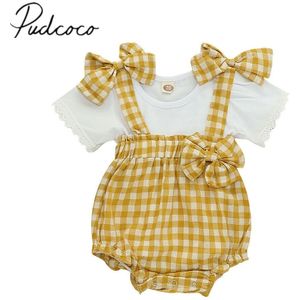 Baby Zomer Kleding Pasgeboren Baby Baby Meisje Kleding Sets Wit T-shirt Tops + Plaid Print Overall Bib Broek Kleren outfit