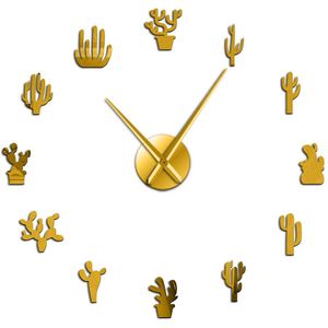 Botanische Cactus Plant Grote DIY Wandklok Desert Cactaceae Frameloze Big Time Horloge Vetplanten Spiegel Effect Nummer Sticker